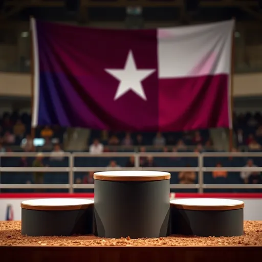 Prompt: rodeo podium scene. Keep the podiums empty and blur the background. Texas flag. The podiums should be the focus of the image and tall