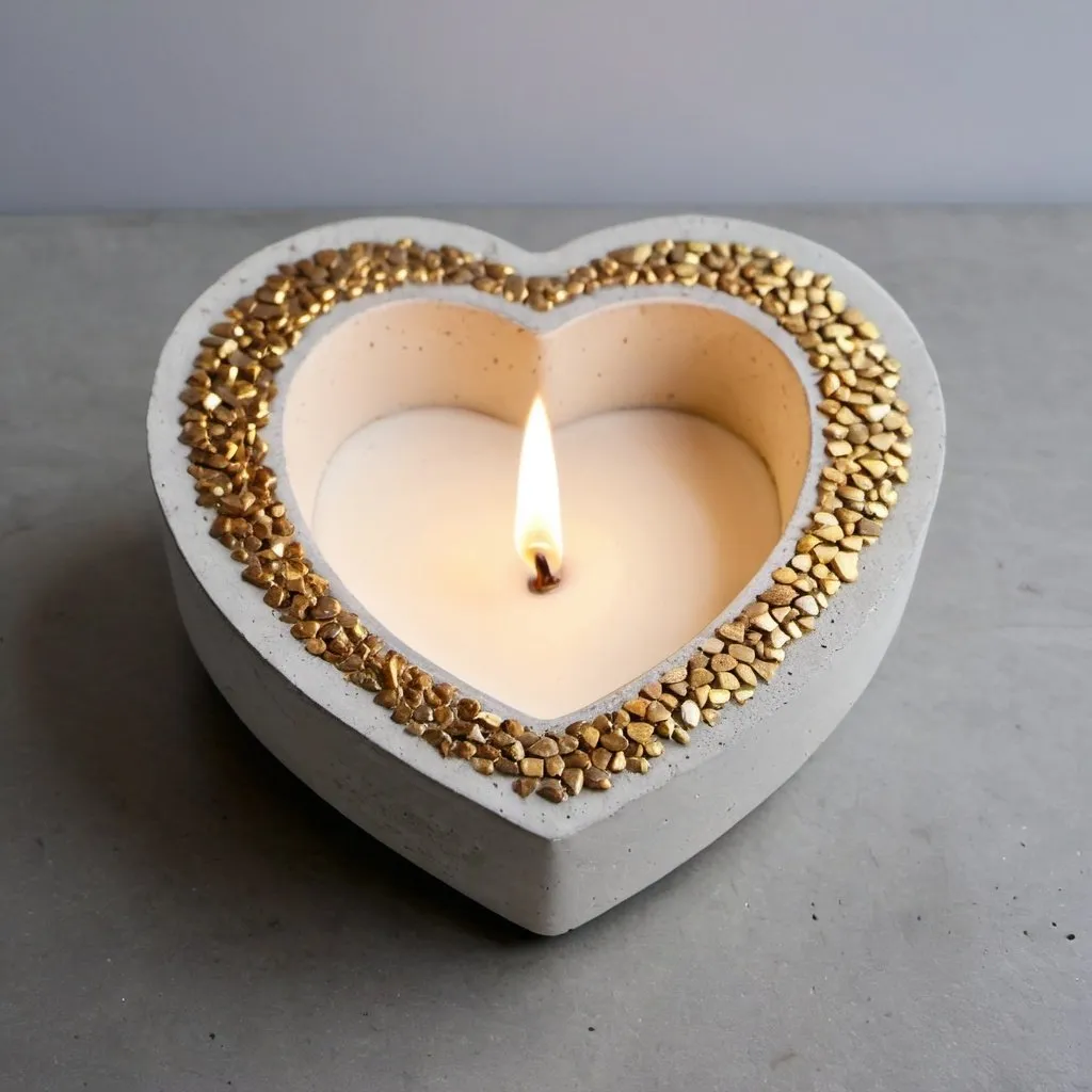 Prompt: white heart shaped concrete candle holder with small crushed golden stones engraved at the edges  
