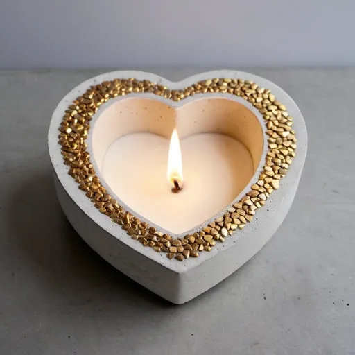 Prompt: white heart shaped concrete candle holder with small crushed golden stones engraved at the edges  
