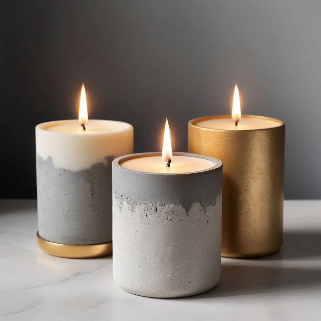 Prompt: "Generate a highly realistic image of modern concrete candles for an Instagram post. The candles should have a sophisticated design with a grey concrete base, featuring natural textures and gold metallic accents, transitioning into smooth, creamy white wax. Position the candles in a stylish, well-lit setting, such as on a white table or a chic shelf, with a blurred background to emphasize the candles. Include subtle, elegant props like fashion books, delicate flowers, or minimalistic decor items to create an aesthetically pleasing composition perfect for Instagram. Ensure the lighting and shadows are natural to enhance the realistic feel of the image."