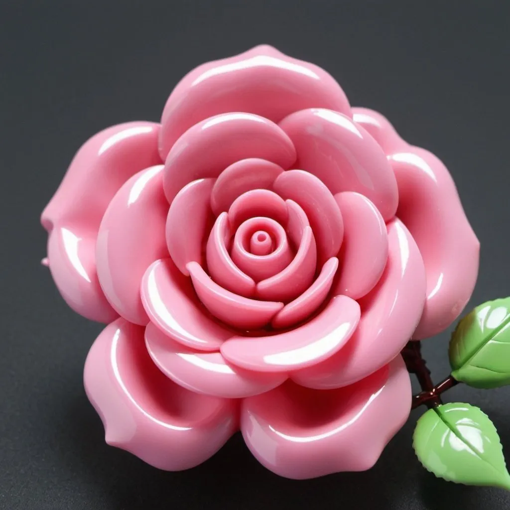 Prompt: generate a resin wire dipped pink 3d rose flower with petals and leaves