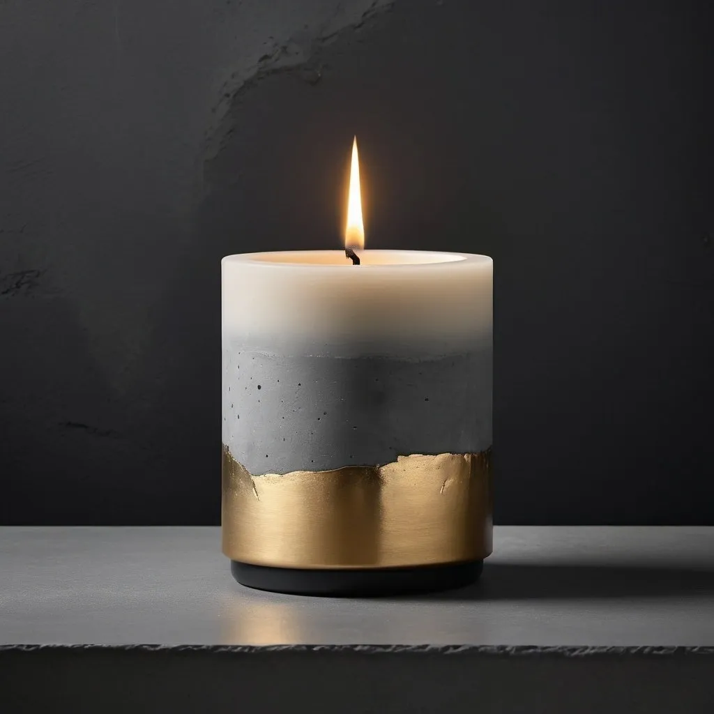 Prompt: Create a high-resolution image of a concrete candle in a minimalist, modern style. The candle should have a smooth, cylindrical shape with a gradient transition from the natural concrete texture at the base to a lighter, creamy color towards the top. Add artistic, metallic accents such as gold leaf embedded within the concrete portion to give it a luxurious feel. The background should be dark and simple to contrast with the candle, emphasizing its unique texture and design. Ensure the lighting highlights the candle’s textures and metallic elements, giving it a sophisticated and elegant look.