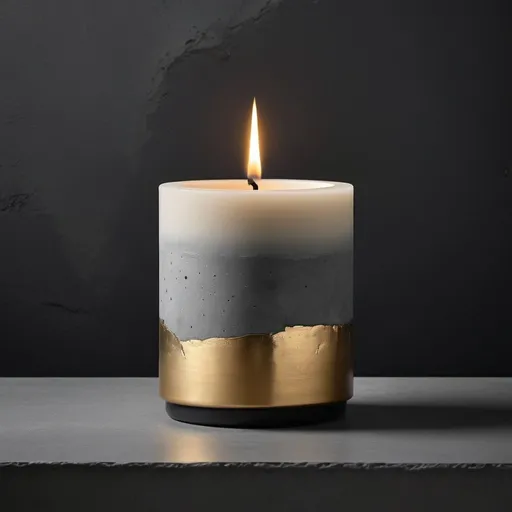 Prompt: Create a high-resolution image of a concrete candle in a minimalist, modern style. The candle should have a smooth, cylindrical shape with a gradient transition from the natural concrete texture at the base to a lighter, creamy color towards the top. Add artistic, metallic accents such as gold leaf embedded within the concrete portion to give it a luxurious feel. The background should be dark and simple to contrast with the candle, emphasizing its unique texture and design. Ensure the lighting highlights the candle’s textures and metallic elements, giving it a sophisticated and elegant look.