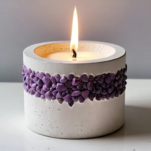 Prompt: white  concrete candle holder with small crushed purple stones engraved at the edges  
