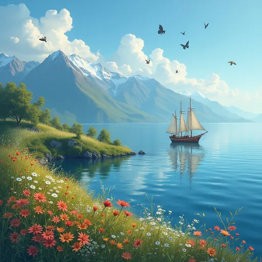 Prompt: A little ship and an old land
Are waiting for us there on the horizon.
There are butterflies there,
And snow upon the mountains,
Beautiful flowers still closed—
Like a kiss.