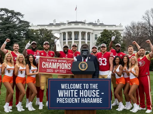 Prompt: The 2025 San Francisco 49ers are celebrating with President Harambe in February 2026.  The 49ers are celebrating their 6th Super Bowl win.  The Hooters cheerleaders and some men in cheerleader outfits have joined the celebration. At the White House.