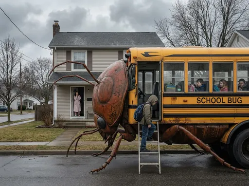 Prompt: The School Bug. A giant bug with a school bus body is next to a typical suburban house. A 6th grade boy is sadly boarding the school bug as his mother stands at the door of the house with a look of terror.  Other sad kids are already in the bug using backpacks and lunchboxes for seats. A dreary overcast morning.