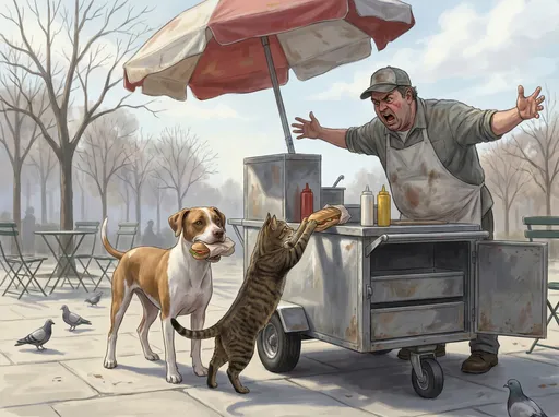 Prompt: @JxYDV59t4NszkmROgIJk And @n8F2eYKtTrZi7EO6WTyJ Are stealing sandwiches from a food cart as the cart’s owner yells at them. At Bryant Park New York City on a calm March afternoon.