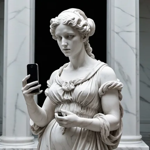 Prompt: a statue of a woman holding a cell phone in her hand and looking at it with a serious look on her face, Ann Thetis Blacker, neoclassicism, vaporwave, a marble sculpture