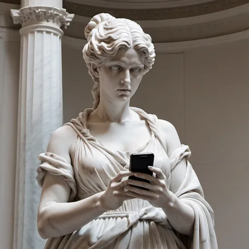 Prompt: a statue of a woman holding a cell phone in her hand and looking at it with a serious look on her face, Ann Thetis Blacker, neoclassicism, vaporwave, a marble sculpture