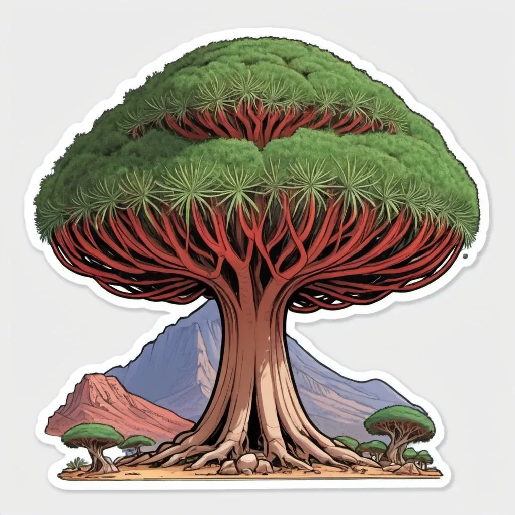 Prompt: Cartoon version of umbrella shaped dragon blood tree with a Socotra Mountain behind it to be made as a bumper sticker

