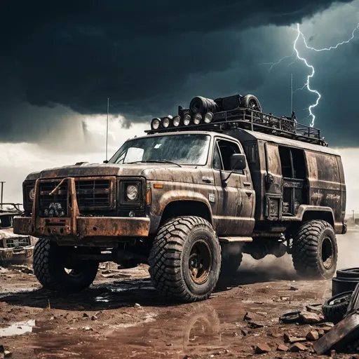 Prompt: (image of a heavily modified pickup truck vs heavily modified van), (post-apocalyptic vehicles), rugged construction, armored plating, reinforced tires, weapon mounts, dusty environment, dramatic sky with thunderstorms, gritty details, intense atmosphere, survival theme, high contrast colors, ultra-detailed, 4K resolution, dynamic composition, rugged textures, dystopian setting