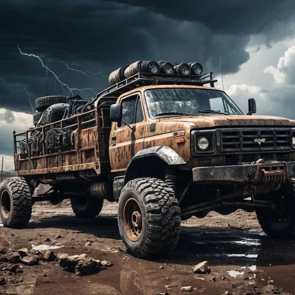 Prompt: (image of a heavily modified pickup truck vs heavily modified van), (post-apocalyptic vehicles), rugged construction, armored plating, reinforced tires, weapon mounts, dusty environment, dramatic sky with thunderstorms, gritty details, intense atmosphere, survival theme, high contrast colors, ultra-detailed, 4K resolution, dynamic composition, rugged textures, dystopian setting