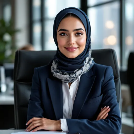 Prompt: Tall young woman at the office, wear hijab, face seems like as actor kajol , got dimple, wear smart blazer, educated and confident