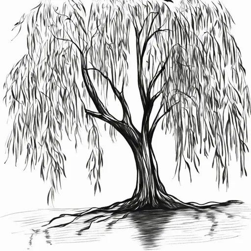 Prompt: weeping willow tree, full frontal view, whole tree, whimsical, simple sketch black and white, full branches, white background, happy, details
