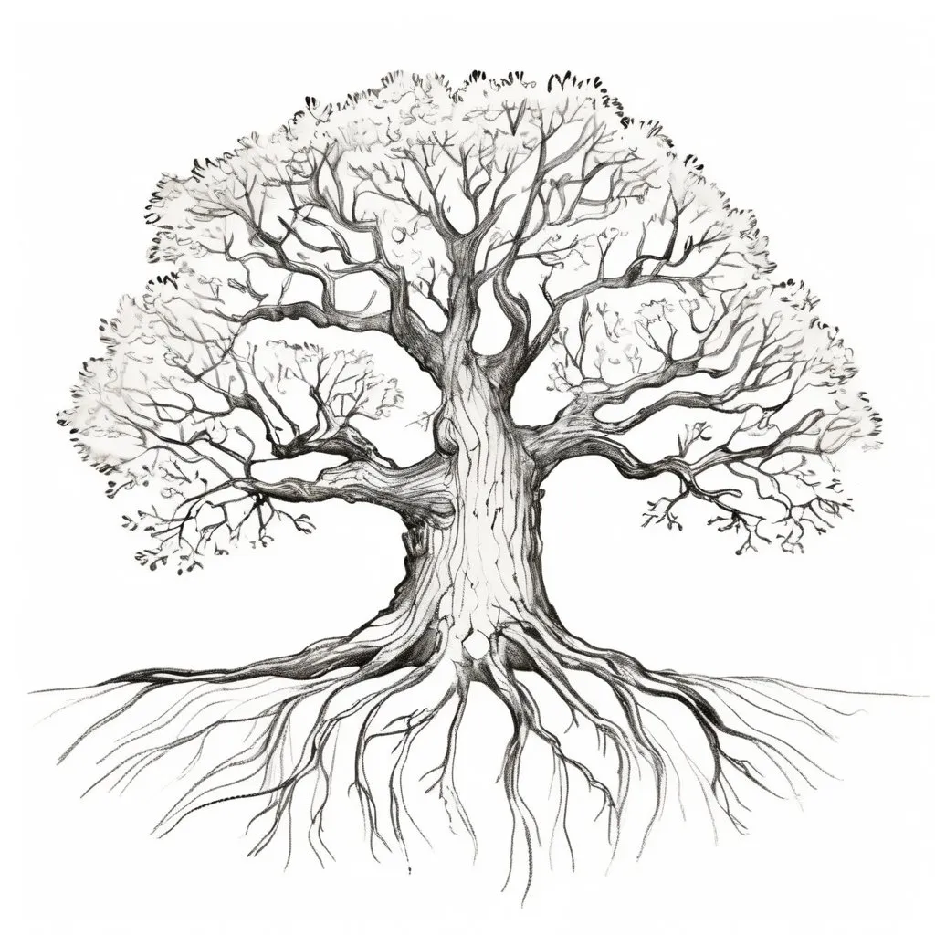Prompt: one oak tree, full view, whimsical, simple sketch, centered, white background
