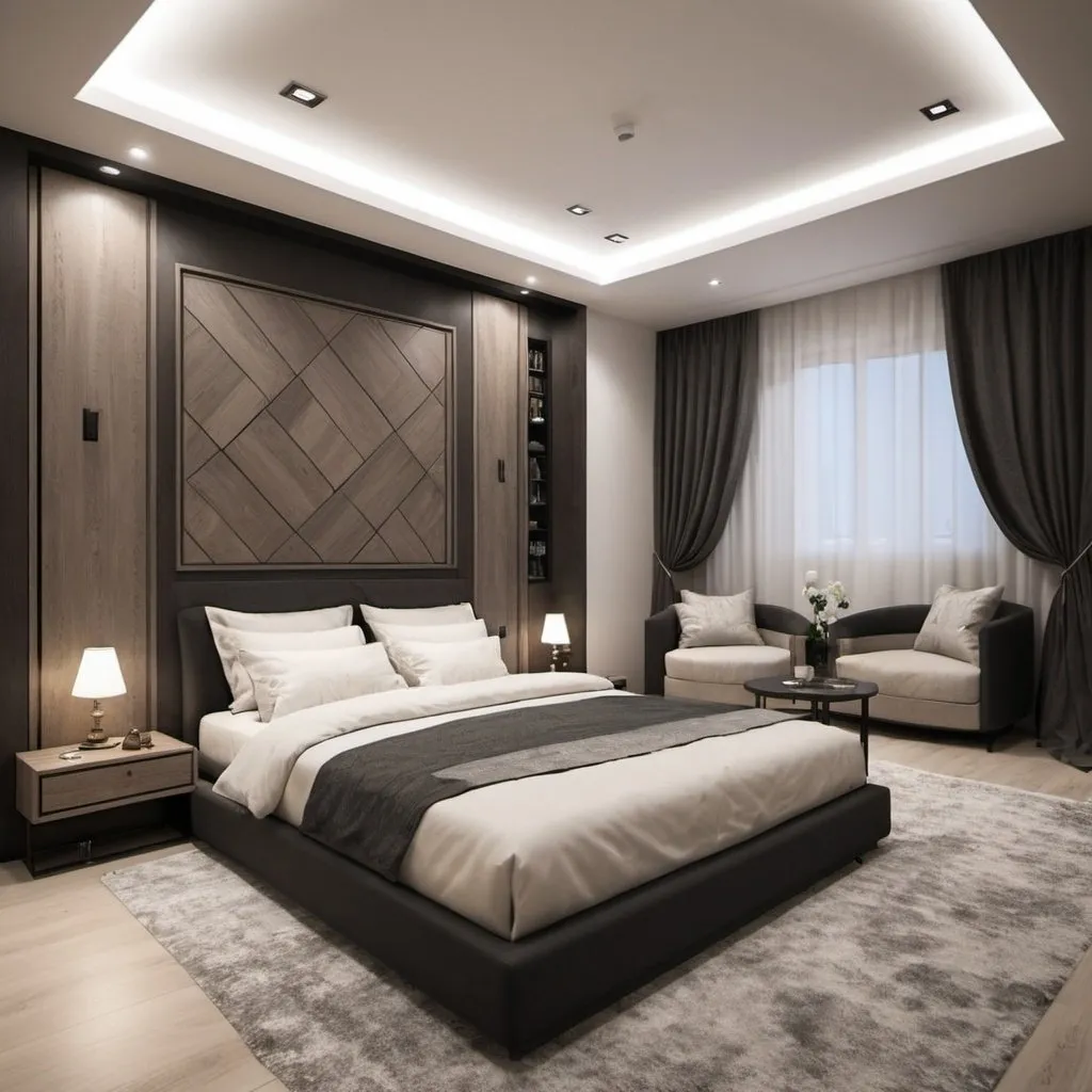 Prompt: He designed a modern bedroom for me, 6 meters long and 5 meters wide, with a budget of 6,000 Saudi riyals