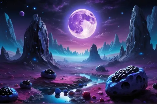 Prompt: (black berry moon rocks), cosmic landscape, shimmering stars, vibrant colors, mystical ambiance, ethereal glow, deep purples and blues, soft luminous light, high detail, surreal environment, dreamlike scenery, fantasy elements, captivating and enchanting atmosphere, high quality, ultra-detailed, artwork that evokes wonder and exploration.