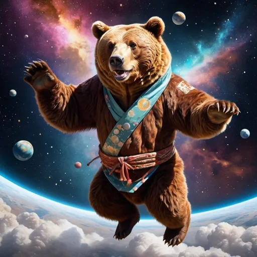 Prompt: a brown bear soaring through space, Japanese style, high quality, detailed fur, traditional clothing, space setting, vibrant colors, artistic style, cosmic lighting