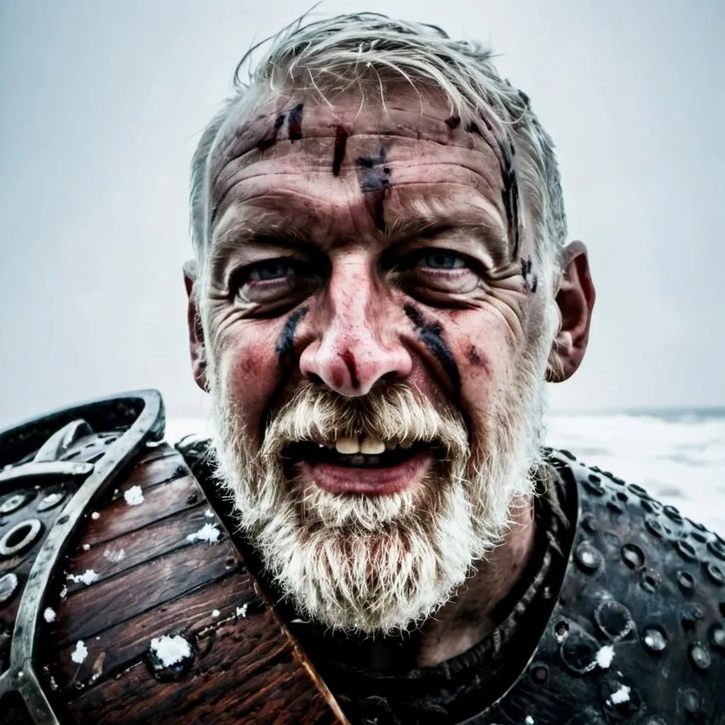 Prompt: A viking standing on a beach wearing battered and stained armor swinging a sword photo in front of the camera on a snowy background
