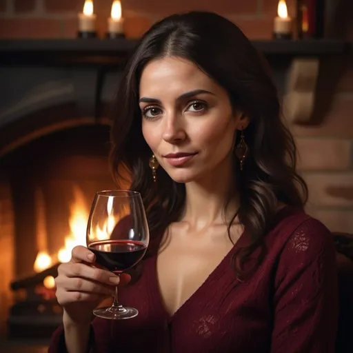 Prompt: (portait of a Spanish woman), serene expression, holding a glass of rich red wine, warm glow of a crackling fireplace in the background, (cozy atmosphere), smooth skin, long dark hair, elegant attire, dimly lit ambiance, (inviting warmth), high detail, ultra-detailed, 4K image quality.