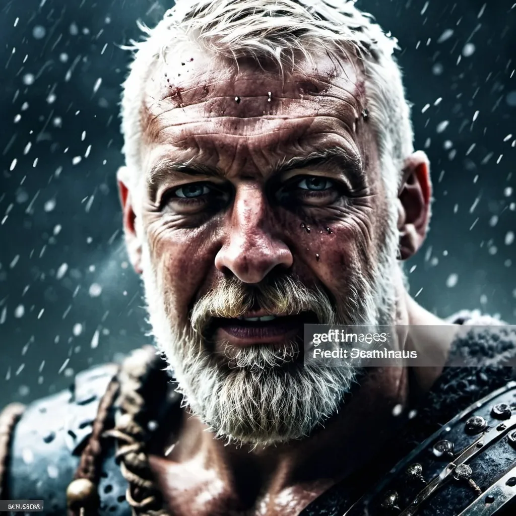 Prompt: Full frontal view of male viking warrior in battered and stained armor swinging a sword photo in front of the camera on a snowy background
