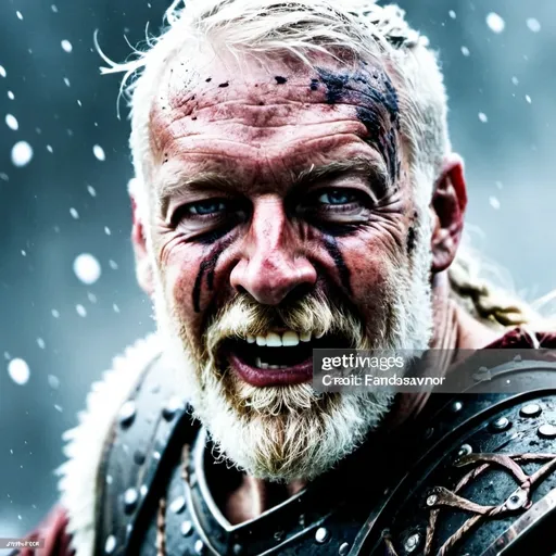 Prompt: Full frontal view of male viking warrior in battered and stained armor swinging a sword photo in front of the camera on a snowy background
