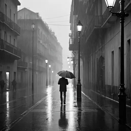 Prompt: a person walking down a street holding an umbrella in the rain with a lamp post in the background on a rainy day, Diego Gisbert Llorens, art photography, gloomy atmosphere, a black and white photo