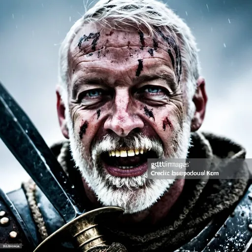 Prompt: Full frontal view of male medieval warrior in battered and stained armor swinging a sword photo in front of the camera on a snowy background
