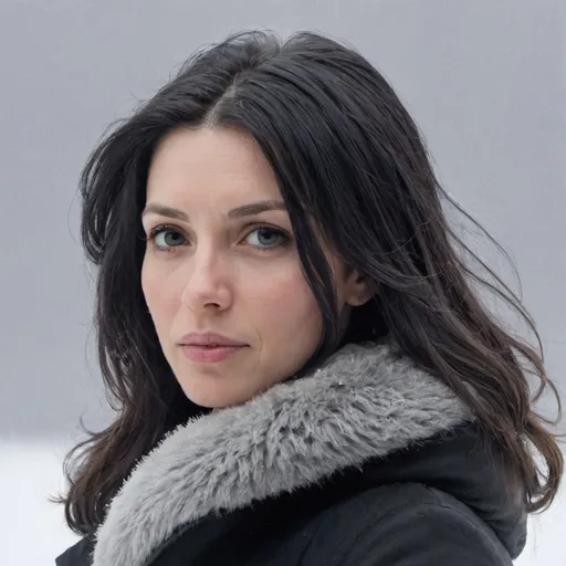 Prompt: portrait of a woman on a snowy background. Her hair is greyish black