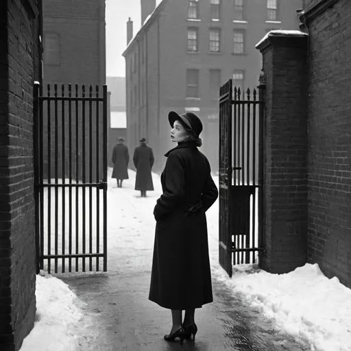 Prompt: a woman in a hat and coat is standing in an alleyway with a gate and a door in the background, Alfred Eisenstaedt, art photography, cinematic photography, a black and white photo