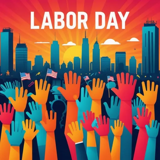 Prompt: (labor day poster design), vibrant colors, eye-catching bold typography, celebration of workers, symbolic tools and hands, background featuring city skyline, festive atmosphere, dynamic layout, modern graphic style, empowering message, ultra-detailed, high quality, vibrant and inspiring composition.