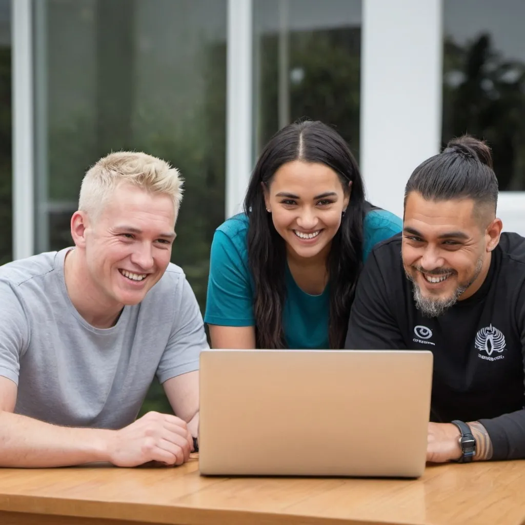 Prompt: two people together looking on a laptop
maori
one white male
male and female
smiling
one european female