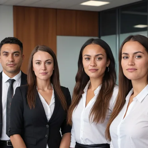 Prompt: 4 professional people
side by side
from new zealand
in one place
at the office
not close up shot
probably on the meeting room
wearing smart half body shot
maori
with one white european woman