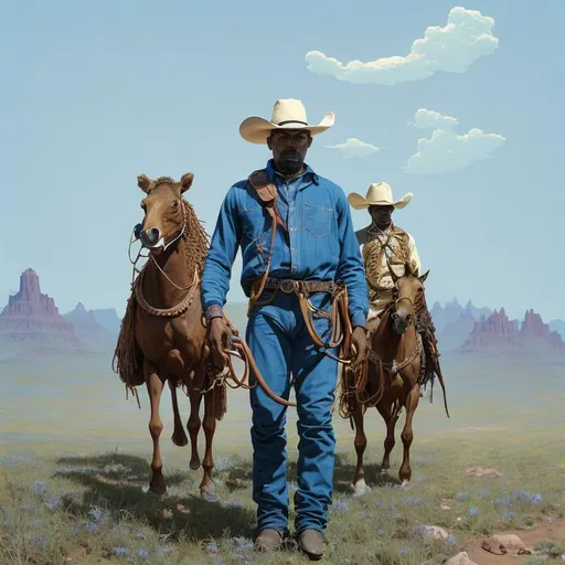 Prompt:  frame of an African American  western cowboy,  Art by Thomas Blackshear II.
Lots of details, western theme, vintage colors, high country tones, beautiful digital illustration bioluminescence quality, , golden ratio, perfection, dynamic, open eyes, perfect anatomy, photorealistic concept art, smooth, optical illusion, white background, art season trends, sharp focus , Photo Studio, Intricate Details, Highly Detailed, SF, Intricate Art Masterpiece, Movie Poster, Golden Ratio, 