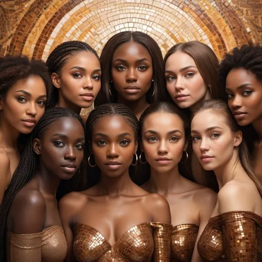 Prompt:  A group of women of various skin tones pose in an ethereal setting. A profound sense of unity and strength exudes, their eyes sparkling with shared experiences and aspirations. The mosaic of warm browns, from golden to deep chocolate, forms a symphony of beauty, embracing the rich diversity within womanhood.
