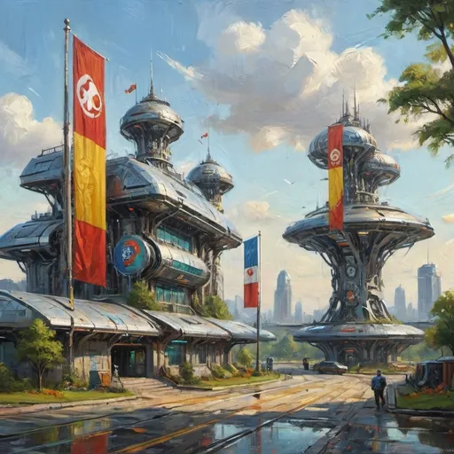 Prompt: Futuristic steel complex, (intricate architecture), depot flags and emblems fluttering, (contrasting design), frontsight highlighting innovations, old trees providing a natural contrast, (vibrant colors), set against a (dynamic skyline), celebrating the blend of technology and nature, (serene ambiance), ultra-detailed, (high quality) 4K imagery, a captivating harmony between structures and the environment.