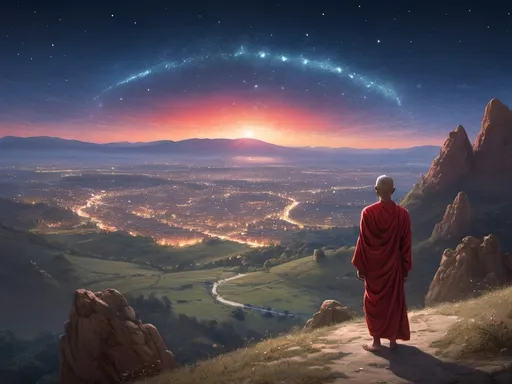 Prompt: A solitary monk adorned in a striking (red robe), bathed in the shimmering light of countless stars, wandering through a dreamy valley, surrounded by an otherworldly vibe, glistening stars enveloping him in a tranquil embrace, majestic blue moon against the vast expanse of the horizon, ethereal lighting, vibrant colors with deep blues and shimmering silvers, serene and peaceful atmosphere, ultra-detailed, high definition, 4K resolution, cinematic masterpiece. Vague Dream style with high abstraction. Buddist Temple below