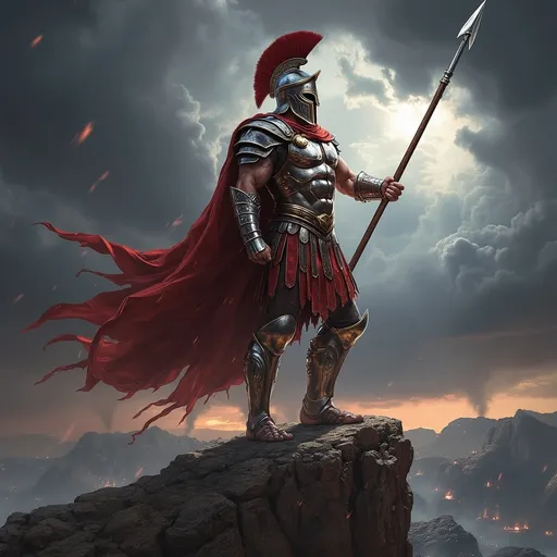 Prompt: spartan king in intricate armor, (dramatic pose), (spear held high), standing on a rugged cliff, (mystical background), stormy skies creating a grand atmosphere, shadows enhancing the presence, (vivid colors), (ultra-detailed), majestic and powerful vibe, evoking strength and honor, (epic landscape), highlighting the essence of resilience and bravery.