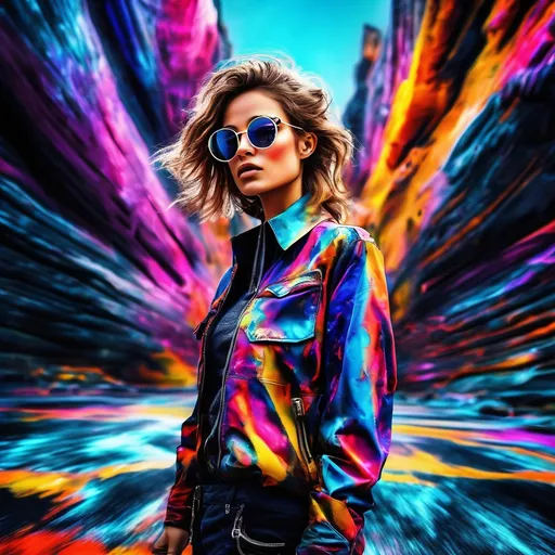 Prompt: (Mega turbulent life), modern woman, (fashionable glasses), standing confidently, vibrant colors, high contrast lighting, dynamic motion, underground mesa environment, sprawling landscape, intense atmosphere, sense of adventure and exploration, ultra-detailed, (high life) concept, energetic and captivating, imaginative background merging natural and urban elements.