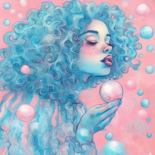 Prompt: (impressionism style), a blue curly-haired girl, (pastel color scheme), blowing bubbles, serene and whimsical atmosphere, soft flowing lines, delicate textures, dreamy background, dappled light, playful vibe, vibrant, soft blues and pinks, reflecting sunlight on bubbles, enchanting scene, ultra-detailed, high quality.