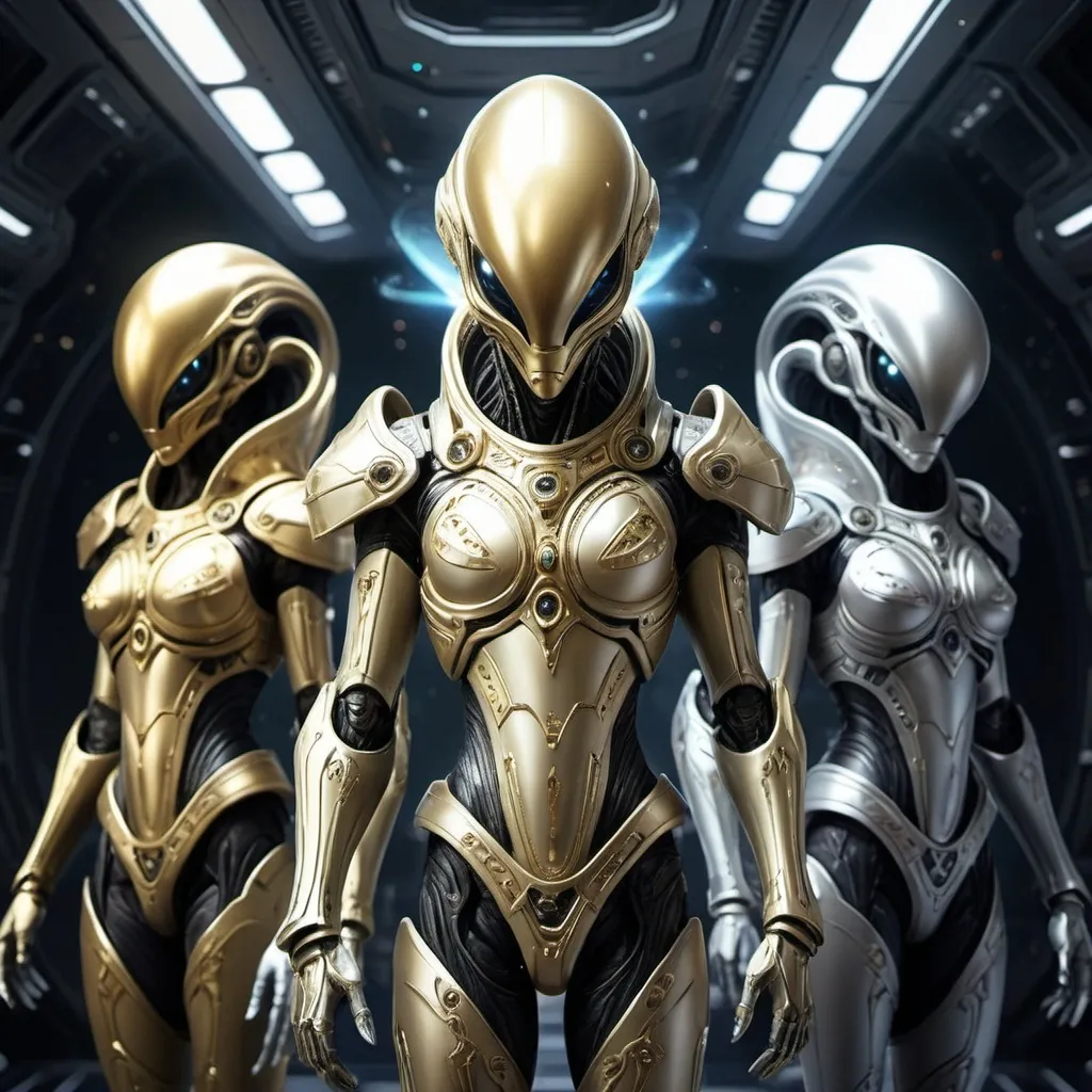 Prompt: (anime style), (muted color scheme), gold and silver plated alien armors, multiunit space armies, embodying power and ambition, celestial background, ethereal atmosphere, intricate designs, low-key lighting, high-quality, captivating details, dreamlike surrealism, sci-fi theme, imaginative concepts, vast outer space scenery, awe-inspiring visuals.