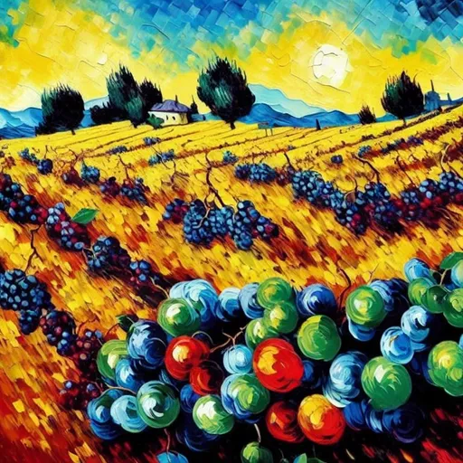 Prompt: <mymodel> Ultra fine style  in a blossoming vineyard, ultra widescreen full grapes,  semi-realistic hyper-stylized symbolizing the freedom of expression, striking expressions .wild resonance of light and color.mixed abstract styles.pointelism . Van gogh