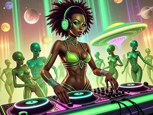 Prompt: **Glitchy Cosmic DJ Diva - AI Art Prompt** Create an artwork featuring our iconic green-skinned alien babe as the ultimate DJ at a cosmic rave. She's working the turntables with finesse, her bald conical head adorned with a sleek, futuristic headset that pulses with neon lights in sync with the beats. Dress her in futuristic, glowy rave attire that's both stylish and PG-13, featuring bold patterns and luminescent accents that shimmer with every movement. Her outfit should reflect the vibrant energy of the rave, with colors that pop and glow against the cosmic backdrop. Surrounding her are a crowd of aliens grooving and raving to the cosmic tunes. These green-skinned partygoers are immersed in the rhythm, their bodies shimmering with astral light and cosmic sweat as they dance under the vast expanse of the astral plane. The scene is alive with vibrant astral light that flickers and glows in time with the music, casting colorful reflections across the dance floor. Planets, stars, and asteroids form the backdrop, adding depth and a sense of infinite space to the rave. Introduce a super glitchy aesthetic to the entire composition, with digital distortions and pixelated effects that add a layer of futuristic intrigue. The glitch elements should enhance the dynamic and energetic atmosphere, making the scene feel like a digital dreamscape. A prominent UFO hovers nearby, its sleek design and luminescent glow adding an extra layer of sci-fi intrigue to the scene. The UFO's lights pulse in harmony with the music, enhancing the otherworldly atmosphere. Balance hyperrealistic textures with an illustrative, artistic style, capturing the energy and excitement of this cosmic rave. Let the fine details and vibrant colors transport viewers into a realm where music and the extraterrestrial collide, in a celebration of cosmic joy and exploration. 🎧👽🌌 Let this prompt inspire a piece that's as dynamic and visually captivating as it is uniquely yours!