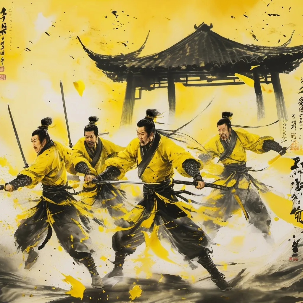 Prompt: a group of men in yellow and black outfits holding swords and wearing yellow and black outfits and holding yellow and black flags, Dai Jin, action painting, vfx, a detailed matte painting