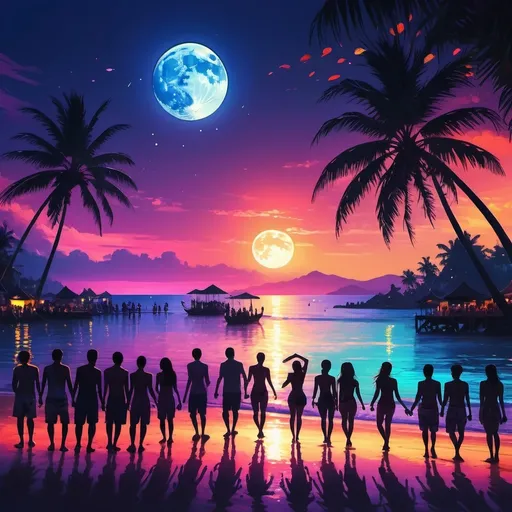 Prompt: photo-silhouette style, (vibrant colors), (Thai full moon party), lively atmosphere, beach setting, dancing crowds, tropical night, festive decorations, beautiful palm trees, moonlit ocean, warm tones, detailed tropical landscape, energy and joy, (high quality), (ultra-detailed), celebration vibes, immersive experience, dynamic scene, cheerful ambiance.