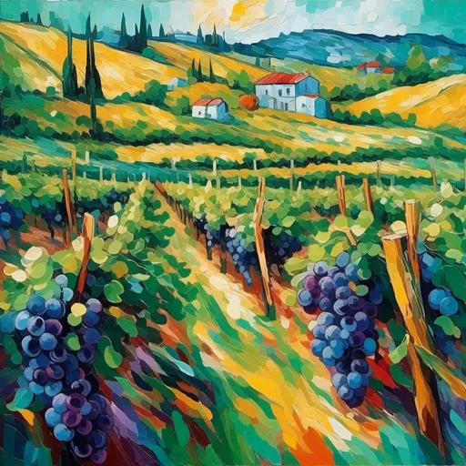 Prompt: <mymodel> Ultra fine style  in a blossoming vineyard, ultra widescreen full grapes,  semi-realistic hyper-stylized symbolizing the freedom of expression, striking expressions .wild resonance of light and color.mixed abstract styles.pointelism . Van gogh