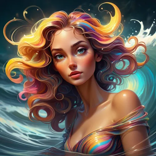 Prompt: a digital painting of a woman sitting on a wave of water with a glowing light in her hair and a glowing light in her hair, Cyril Rolando, psychedelic art, highly detailed digital painting, an ultrafine detailed painting