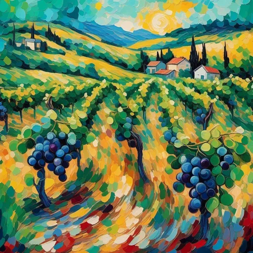 Prompt: <mymodel> Ultra fine style  in a blossoming vineyard, ultra widescreen full grapes,  semi-realistic hyper-stylized symbolizing the freedom of expression, striking expressions .wild resonance of light and color.mixed abstract styles.pointelism . Van gogh