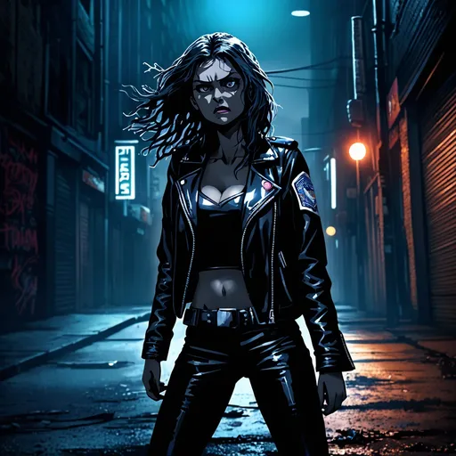 Prompt: (bad cop woman in ultra reveiling costume), intense expression, confident stance, dark leather jacket, badge gleaming, street lights illuminating the scene, gritty urban environment, moody shadows, thrilling atmosphere, cinematic style, vibrant hues contrasting with nighttime blues, ultra-detailed, high resolution, intense drama and excitement.